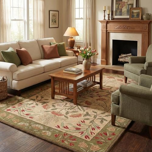 Image of Restoration and Renovation Handmade Floral Adeline Beige /Blue Tulips Traditional Crafted Wool Area Rug for Living Room Bedroom and Kitchen (Multi Color, 6' x 9')