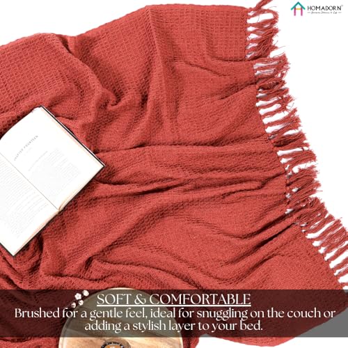 Image of HOMADORN Waffle Weave Cotton Throw Blanket - Lightweight, Breathable & Cozy for Sofa or Bed (100% Cotton)(50X60 Inches) Rust