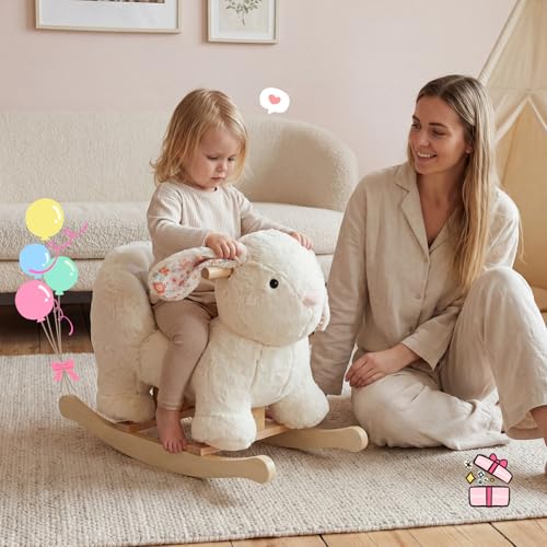 labebe Baby Rocking Horse, Plush Rabbit Animal Rocker, Wooden Rocking Horse with Seat Belt, Kid Ride On Toy for 12M+ Baby Girls, Nursery Birthday