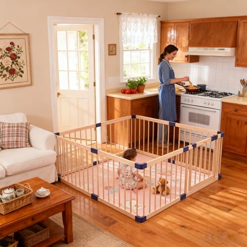 Image of Wooden Baby Playpen,Playard for Babies and Toddlers, Corrales para Bebes, Kids Gate Playpen,Large Play Yards Baby Fence Play Area(63x71x24inch),31sq. ft