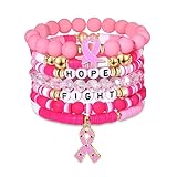 FAERLIIRY Pink Ribbon Bracelets Breast Cancer Survivor Gifts for Woman Glitter Beaded Bracelet HOPE FIGHT Pink Bracelets Breast Cancer Survivor Support Jewelry Gifts (Pinks Ribbon-7)