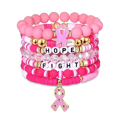 FAERLIIRY Pink Ribbon Bracelets Breast Cancer Survivor Gifts for Woman Glitter Beaded Bracelet HOPE FIGHT Pink Bracelets Breast Cancer Survivor Support Jewelry Gifts