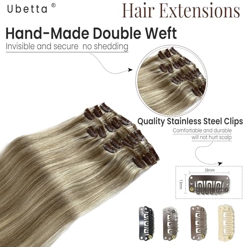 Image of Clip in Hair Extensions Human Hair Ash Blonde Balayage Blonde Highlights Hair Extension Real Human Hair Clip ins 14 Inch 7pcs 70G Double Weft Hair Extensions Human Hair Clip in Extensions for Women