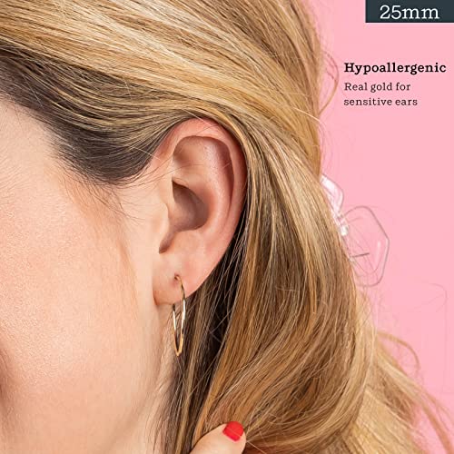 Kezef 14K Yellow Gold Hoop Earrings - Endless Hoop Earrings For Women, Men, Girls - Thin Round Hoop Earrings - Hypoallergenic Real Gold Earrings For Sensitive Ears - 25Mm #TOP1