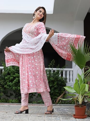 Image of Women's Stylish Rayon Nayra Cut Kurta Embroidered Work and Round Neck 3 /4 Sleeve with Pant Dupatta Set