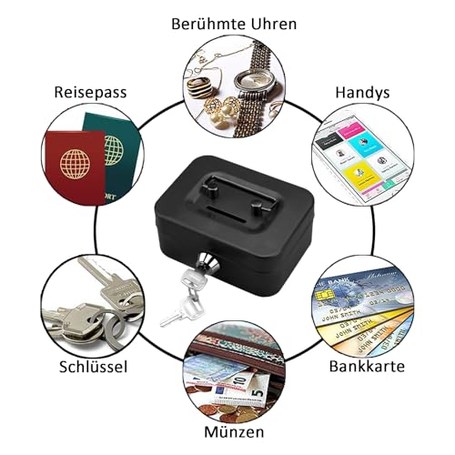 Kleine Geldkassette, Kleiner Safe, geldkassette Abschließbar mit Schlüssel, 11,5 x 8,5 x 5,8 cm, Metallschließfach Sparbüchse mit Tastensperre, geldtasche, Tresor, geldkassette abschließbar(Schwarz)