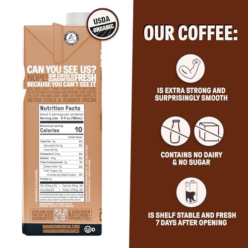 Wandering Bear Straight Black Organic Cold Brew Coffee - Extra Strong, Bold, Smooth, Unsweetened, Shelf-Stable, Ready to Drink & Vegan, 100% Organic Iced Cold Brewed Coffee Drink - 32 fl oz, 6 pack - Thumbnail 4