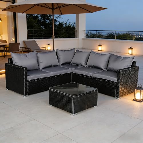 Panana 5 Seater Rattan Garden Furniture Corner Sofa Set with Coffee Table, Outdoor Patio Lounge Set with Cushions & Free Cover for Garden, Conservatory, Terrace (Black Rattan with Grey Cushions) 2 Panana 5 Seater Rattan Garden Furniture Corner Sofa Set with Coffee Table, Outdoor Patio Lounge Set with Cushions & Free Cover for Garden, Conservatory, Terrace (Black Rattan with Grey Cushions) - Image 2