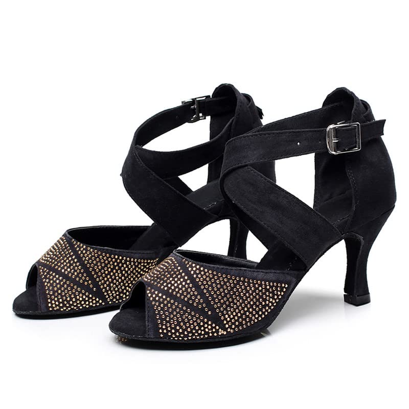 JUODVMP Buty do tańca towarzyskiego ze strasu damskie buty do tańca latynoskiego salsa bachata performance buty do tańca zamszowa podeszwa model QJW6232