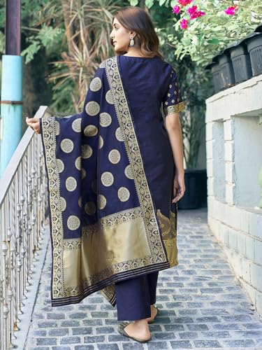 Sanisa Women's Art Silk Jacquard Straight Kurta With Pant And Dupatta Set| Ethnic Set | Suit Set | Kurta Set(134Kbd1445N-M_Navy Blue & Golden)