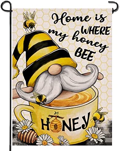 Artofy Home is Where My Honey Bee Gnome Decorative Garden Flag, House Yard Spring Summer Outside Decor, Outdoor Small Burlap Decoration Double Sided 12 x 18