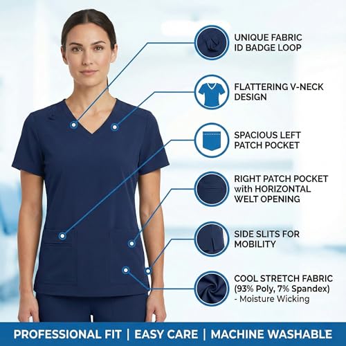 M&M SCRUBS Women\'s Stretch Scrub Set - Cool V-Neck Top & Cargo Pant, Breathable Moisture Wicking Medical Uniform (Black, Large)