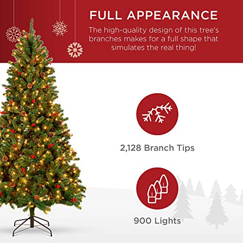 Image of Best Choice Products 9ft Pre-Lit Pre-Decorated Artificial Christmas Tree Spruce w /Twinkling LEDs Pinecones, Berries, 900 Lights, w / 2,128 Tips