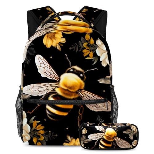 Sac à dos motif fleurs d'abeilles jaunes avec trousse grand format pour l'école