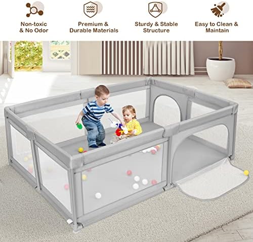 COSTWAY Baby Playpen, 205 x 147cm Large Infants Activity Center with 50 Balls, Breathable Mesh and Zipper Door, Toddlers Safety Playard for Indoor Outdoor (Grey)