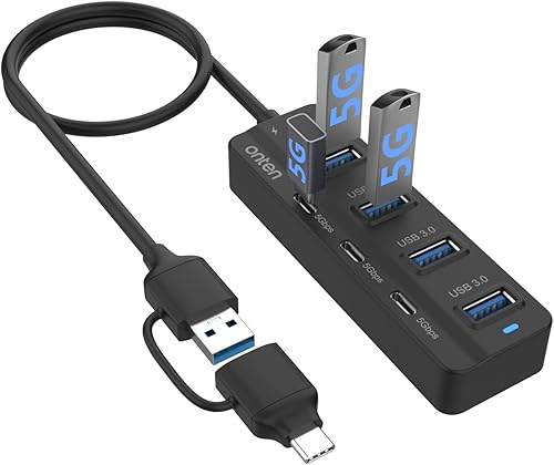 Onten Hub USB C, 7 puertos USB 3.0 a USB-C HUB con un adaptador USB C a USB 3.0. Cable de 3.2 pies 4 puertos USB 3.0, 3 puertos USB C para