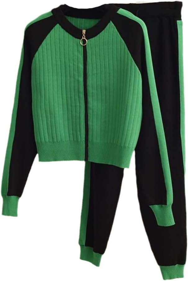 JDSHFEN Women's Casual Cardigan Knit Set Baseball Sports Zip-Up Top and Pant Set,Gn-S