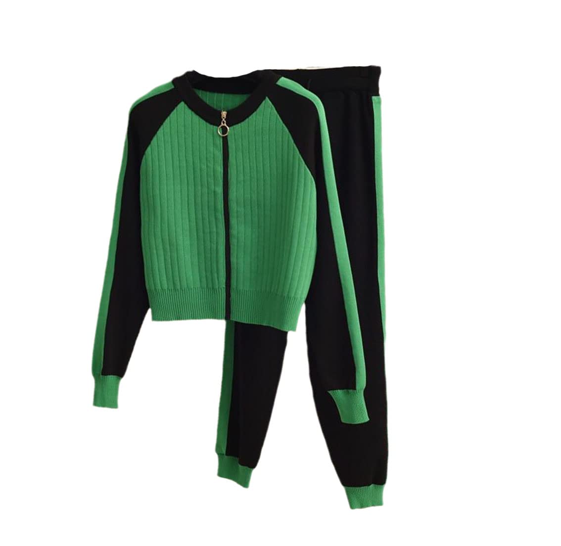 JDSHFEN Women's Casual Cardigan Knit Set Baseball Sports Zip-Up Top and Pant Set,Gn-S