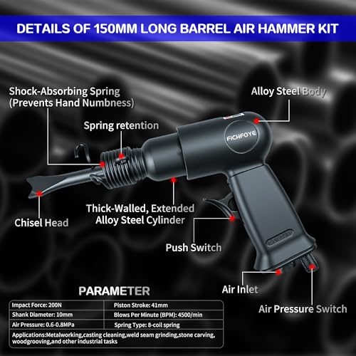 FICHFOYE Air Chisel Hammer 4500 BPM - Professional pneumatic demolition tool with 4-piece chisel set, anti-vibration handle, alloy steel construction for automotive repair