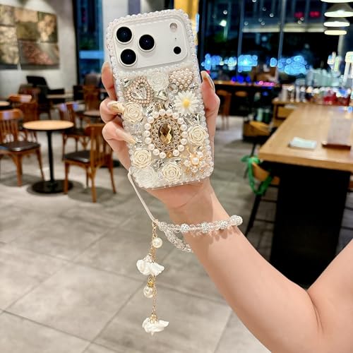 iFiLOVE for iPhone 17 Pro Bling Diamond Case with Flower Strap, 3D Luxury Sparkle Glitter Crystal Rhinestone Pearl Love Rose Wristband Bracelet Case Cover for Girls Women Kids (Pink) by iFiLOVE - Image 3