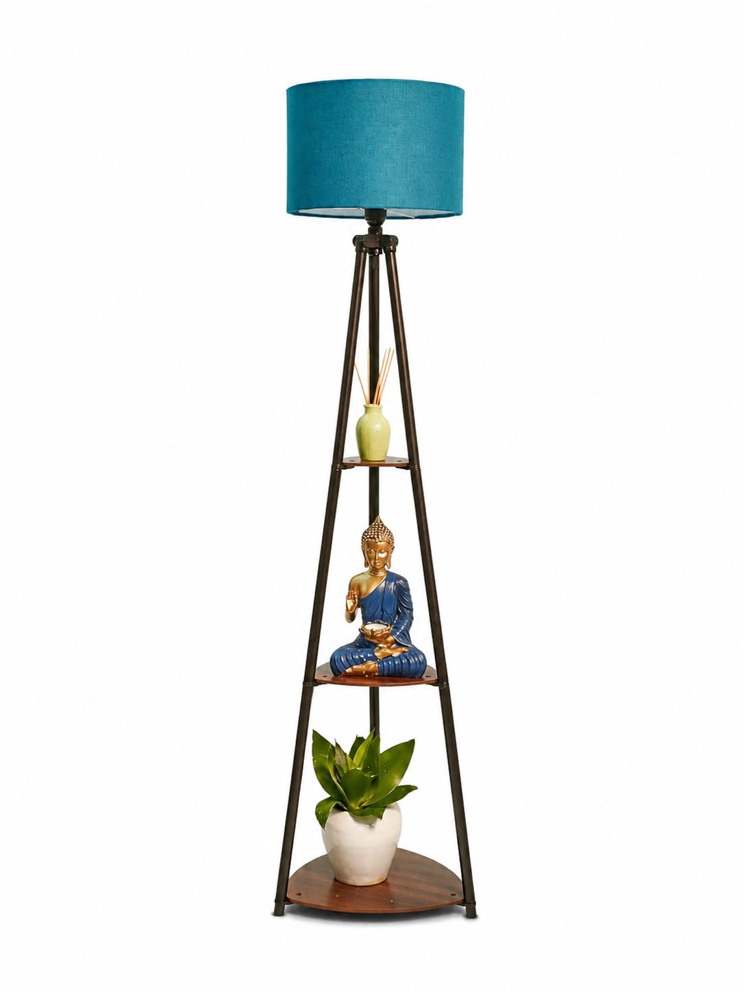 Tripod Floor Lamp with 3-Tier Wooden Shelves, Teal Shade | Metal Tripod Stand, Living Room Decor, 3 Display Shelves, Fabric Lampshade, Freestanding Design-image-14