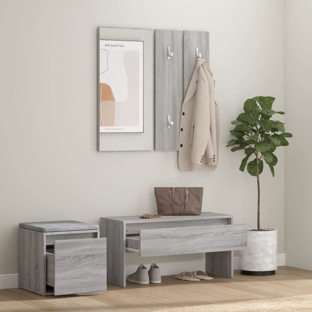 Juego de muebles de madera para pasillo con caja de almacenamiento, cajón, espejo y percheros para entrada organizada, solución de almacenamiento de 5 piezas