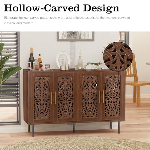 ARTPOWER 47.8\" Accent Cabinet with 4 Doors, Vintage Hollow Carving Buffet Cabinet, Sideboards and Buffets with Storage, Credenza for Living Room, Kitchen, Dining Room, Entryway, Hallway, Brown