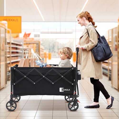 SUNULA Bollerwagen Faltbar Tragkraft 120KG, Klappbarer Handwagen mit EIN-klick-Handgriff & 4-seitig zusammenfaltbar, Geländegängig Räder mit Bremsen 150L, Schwarz