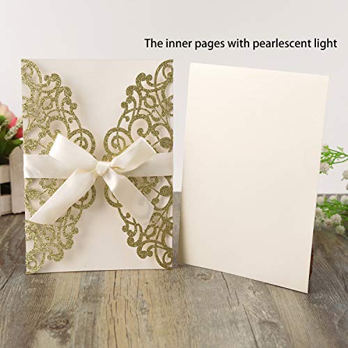 Hosmsua 20Pcs 5X7.2'' Gold Glitter Laser Cut Flora Lace Wedding Invitations Cards Blank Inner Sheets And Envelopes For Bridal Shower Engagement Birthday Baby Shower (Gold Glitter) #TOP1