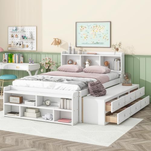 Full Size Captains Bed with Storage Bookshelf Headboard, Wood Platform Bed with Underbed Drawers & Storage Footboard Case, Kid Bed Frame for Bedroom Organization, White