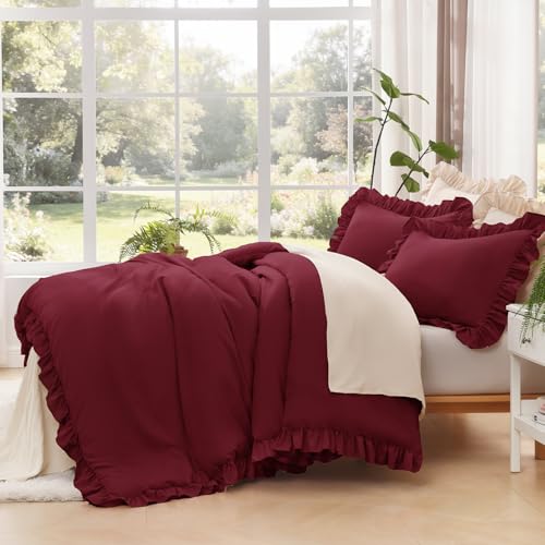 Image of Litanika Burgundy Twin Size Comforter Sets, 2 Pieces Ruffle Farmhouse Aesthetic Bedding Comforter Sets, All Season Soft Lightweight Fluffy Microfiber Bed Set(66x90In Comforter, 1 Pillowcase)