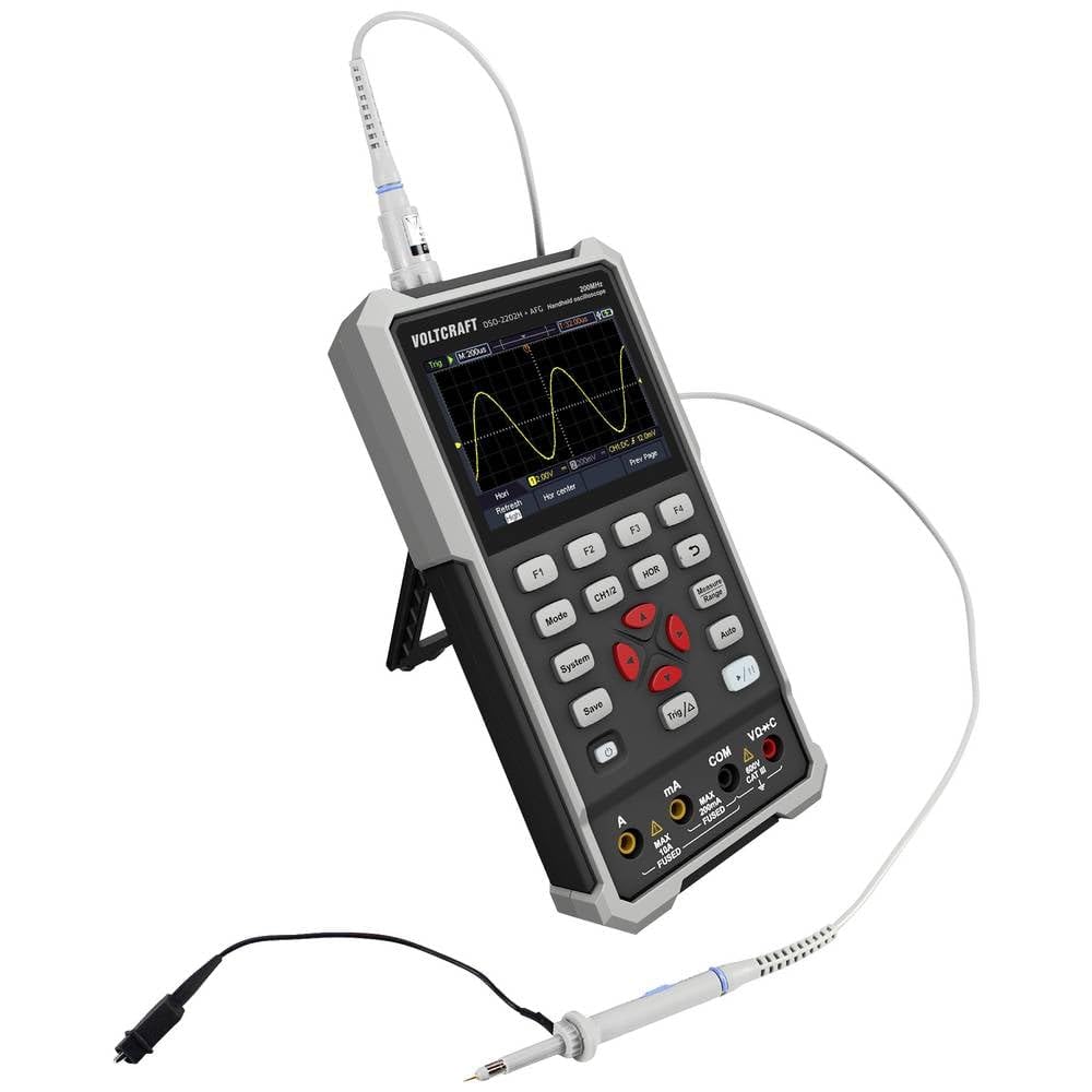 VOLTCRAFT DSO-2202H + AFG Handheld Oscilloscope side view with kickstand and probe connection