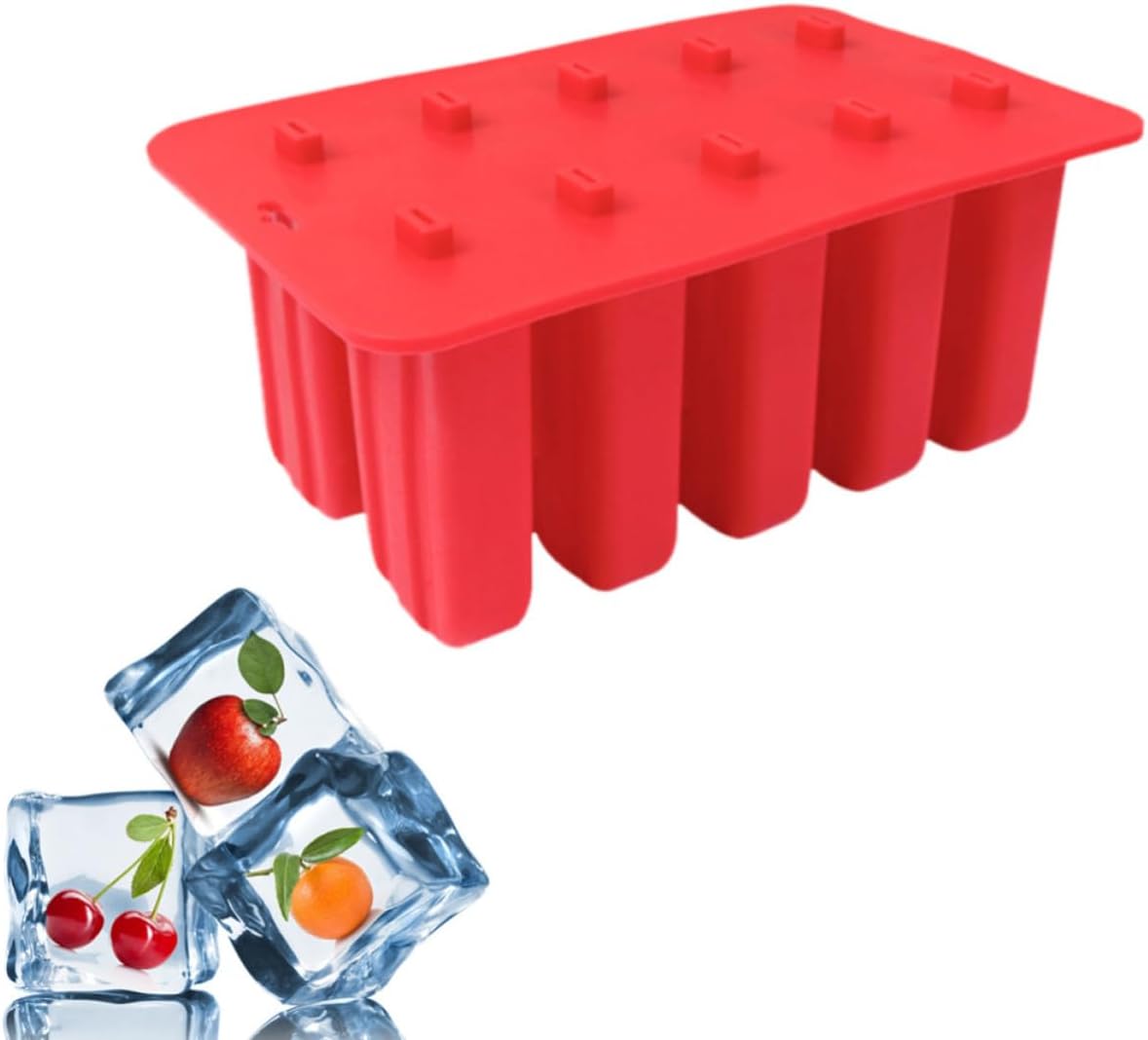 Red Silicone Ice Pop Mold with 10 Grids, Reusable Maker