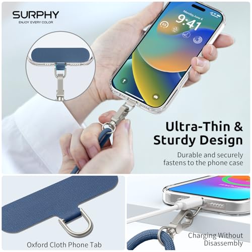 Image of SURPHY Phone Lanyard Crossbody, Phone Strap Crossbody with 2 Tether Tabs | Adjustable Cell Phone Lanyard, Anti Theft Phone Strap, Premium Metal Buckles, Universal Lanyard for Travel, Denim Blue