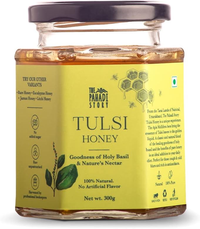 The Pahadi Story Tulsi Raw Honey Fresh 300gm, Unfiltered Honey with the Goodness of Holy Basil, 100% Natural Pure Honey - Lab Tested and Certified Natural Honey In Glass Bottle