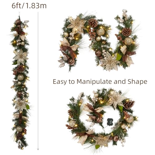 Christmas Garland with Lights, 6 FT Coffee Brown Pre-Lit Christmas Garland with 20 LED Ball Ornaments Pine Cones and Ribbon Bows for Fireplace Mantle Stair Railing Indoor Outdoor Christmas Decoration