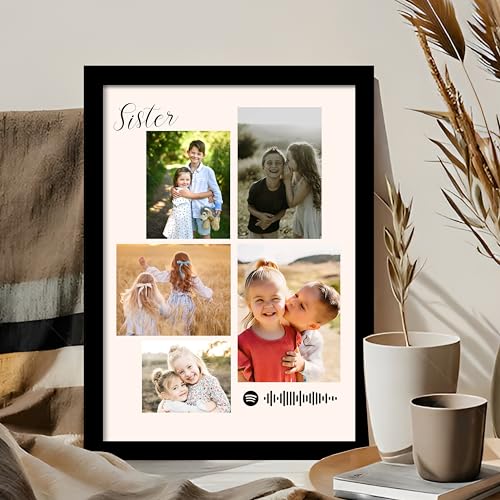 Image of Customized Sister Gift for your Sister with 5 Pictures Collage print along with Spotify Song Code, Photo Frame With Photo Upload, Birthday, Couple, Rakhi (9.2x12.6 Inch)