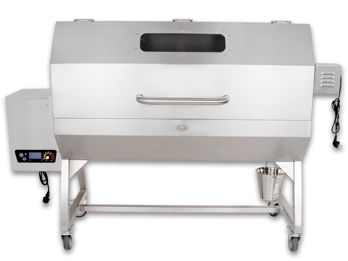 Beeketal Profi Pelletgrill PGB-80 | 2-in-1 Smoker & Spanferkelgrill mit Motor-Drehspieß | Edelstahl | Elektronische Steuerung | 5 Roste | max. 40 kg
