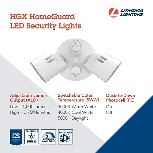Lithonia Lighting HGX LED Proiettore Di Sicurezza 3 Luci Bianco - Sensore Movimento E Fotocellula, Lumen Regolabili 1750-2750, Per Esterno