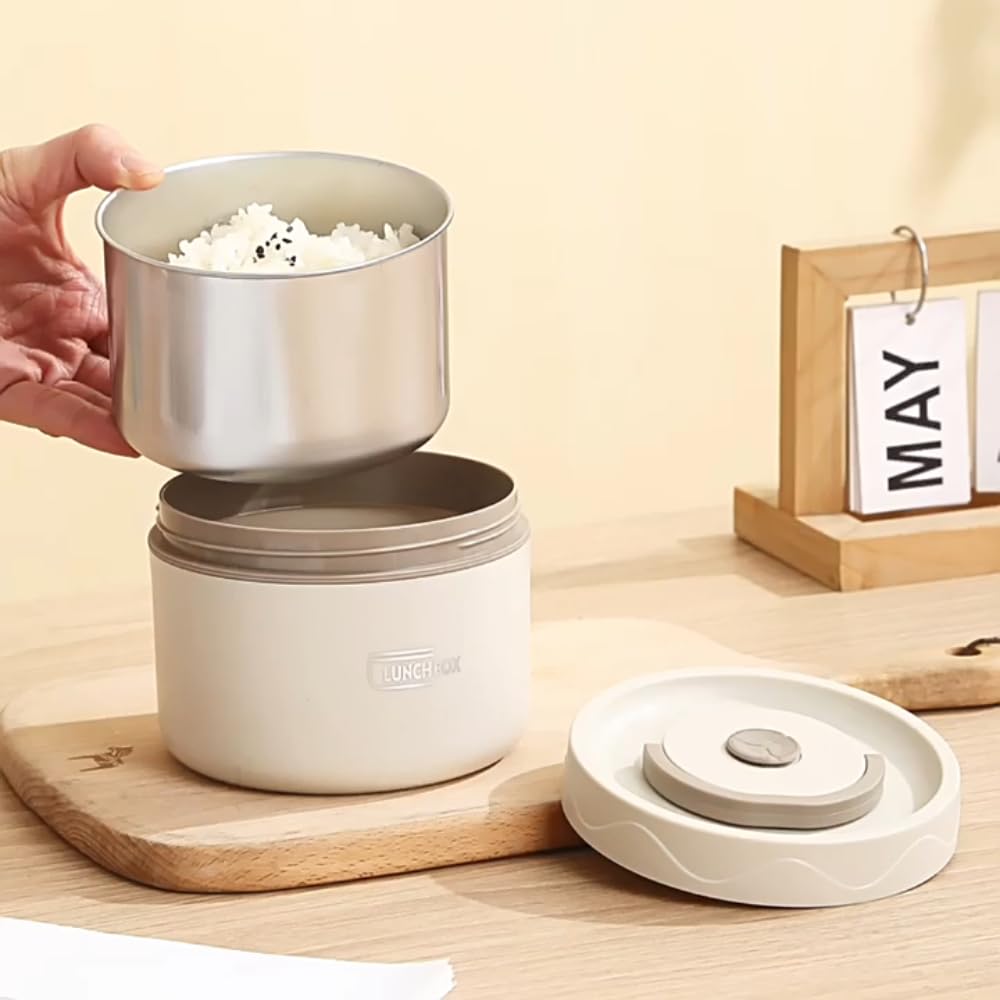 Genérico Termo para Alimentos con Compartimentos, Diseño Agradable y Funcional - Blanco y Beige - 1,2 Litros y 1,5 Litros (2 o 3 recipientes) - Plato incluido y Asa de transporte. (Blanco, 1,5 L)