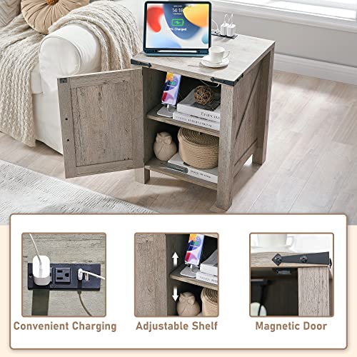 OKD Nightstand with Charging Station, 18 Inch Farmhouse End Table with Barn Door and Adjustable Storage Shelf, Rustic Wood Sofa Side Table w/Magnetic Door for Living Room, Bedroom, Light Rustic Oak - Thumbnail 3