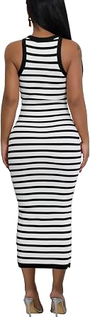 Sleeveless Striped Bodycon Tank Dress for Women Slim Fitted Summer Ribbed Pencil Midi Dresses