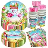 175 Pcs Aloha Tropical Flamingo Party Supplies Set - Serves 25, Hawaiian Luau Disposable Tableware, Includes Plates, Cups, Napkins, Forks, Spoons, Knives for Summer Beach Birthday Pool Decorations