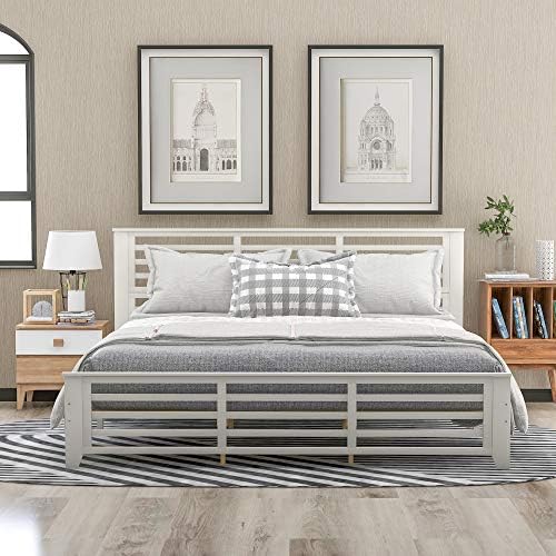 SOFTSEA King Bed with Horizontal Strip Hollow Headboard and Footboard, Solid Wood Platform Bed Frame for Adults/Wood Slat Support/No Box Spring, Modern Bed Frame for Bedroom,White