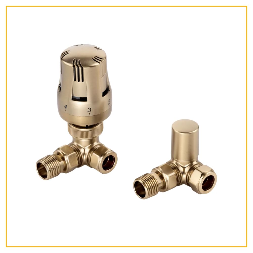 Rubberduck Bathrooms ECO Brushed Brass Corner TRV Thermostatic Radiator Valve + Lockshield Set - 1/2" Threads - Fits 15mm Pipework