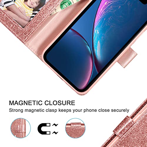 UEEBAI Wallet Case for iPhone XR, Glitter PU Leather Phone Cover Card Slots Kickstand Wallet Magnetic Closure Bling Flip Case Shockproof Hand Strap Flip Cover - Rose Gold by UEEBAI - Image 5