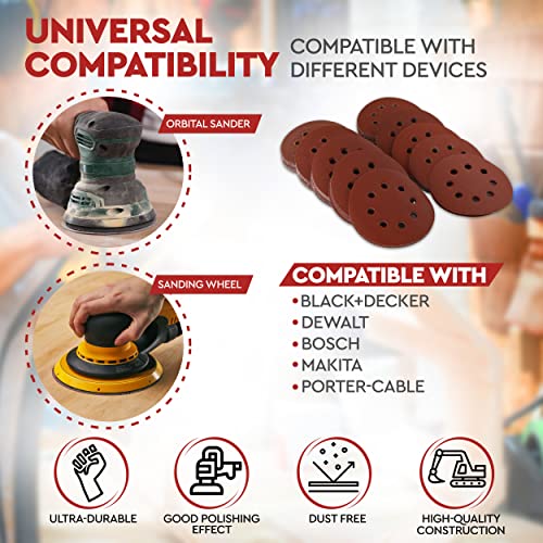 5 Inch Sanding Discs Hook And Loop - 150 Pcs 8-Holes Orbital Sandpaper Includes - 60/80/100/120/150/180/240/320/400/600 Assorted - Dustless And Anti-Clogging - By Maxopro #TOP2