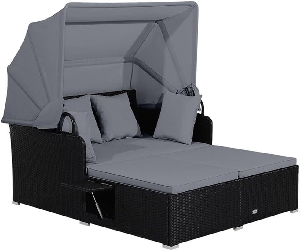 Pemberly Row Patio Rattan Daybed Lounge, Gray Hand-Woven PE Rattan, Retractable Canopy, Cushioned Seating, Foldable Trays, Durable Metal Frame, Elegant Design for Backyard, Deck, or Poolside Use