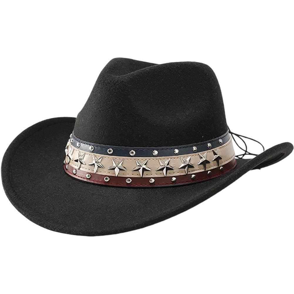 Sslvya Western Cowboy Hat Wide Brim Cowgirl Cap with Star Band, Country Concert Hats Vintage Fedora Hat for Derby Party Outdoor