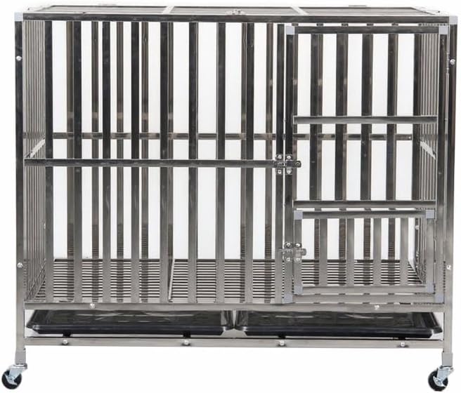 Generic Steel Tube Dog Crate Cage Escape Proof Drop Cage Double Doors All Metal Open Top with Wheels with Pull-Out Tray Heavy Duty Solid Metal Kennel Pet Dog Crate for Medium and Large (37.4in)